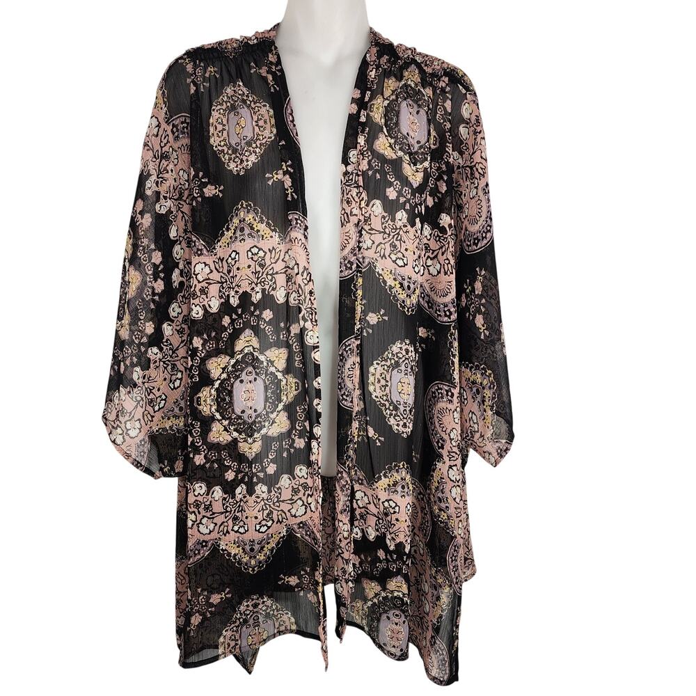 Maurices Womens Kimono One Size Black Pink Floral Metallic Open Sheer Cover Up